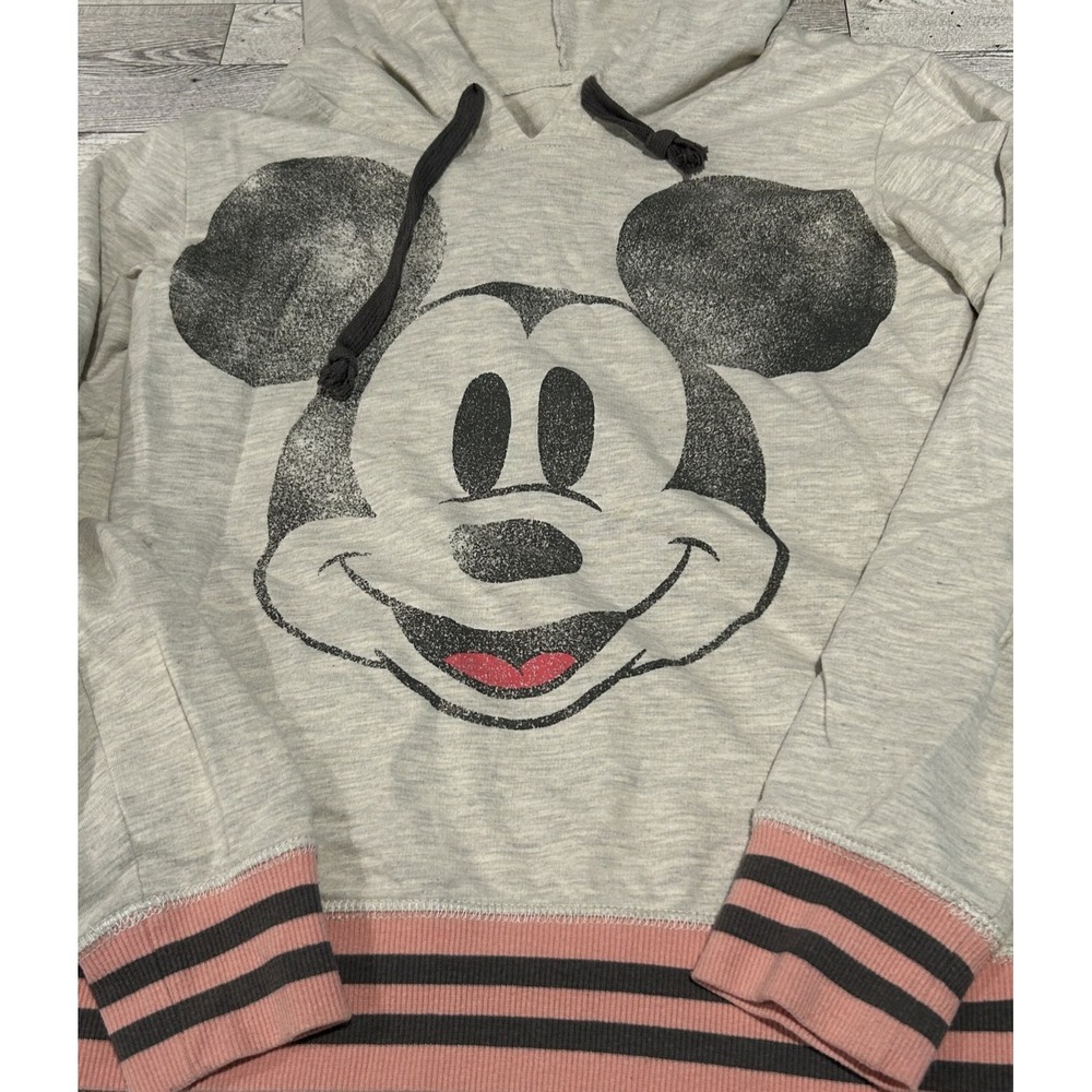 Womens Disney Parks medium cream pink gray Stripe Mickey Mouse pullover hoodie